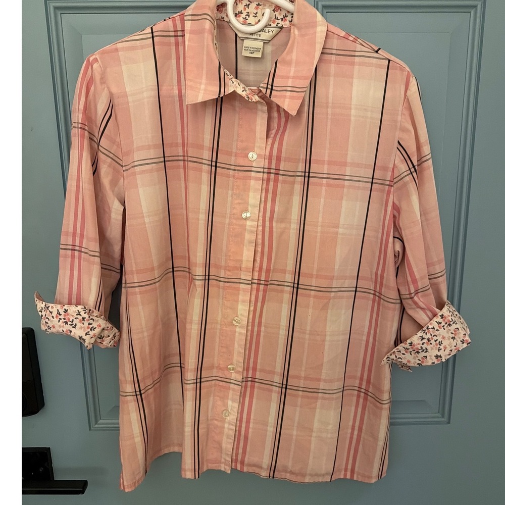 Allison Daley Petite Pink Plaid Floral Trim Button Down Blouse Top Size 14P